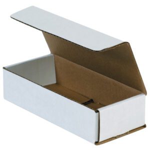 A partially open MH-USA 7 1/2 x 3 1/4 x 1 3/4 white corrugated mailer with a hinged lid shows its empty brown interior, ideal for mailing needs. Comes in a bundle of fifty.