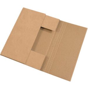 A 15 x 11 1/8 x 2 Kraft Easy-Fold Mailer, featuring scored lines for a central pocket, is sold in bundles of 50.