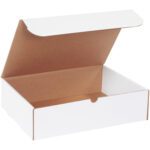 The MH-USA 15 1/8 x 11 1/8 x 4 White Literature Mailer, sold in a bundle of 50, is shown on a plain background with its lid partially open, revealing the brown interior.