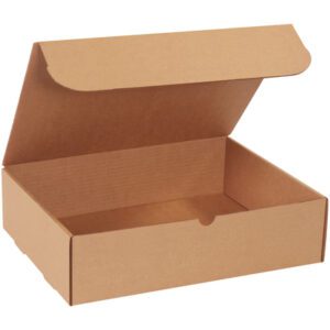 A 15 1/8 x 11 1/8 x 4 Kraft Literature Mailer (50/Bundle) sits open and empty on a white background, with the lid slightly raised to reveal its interior. A notch provides easy access to these practical mailers.