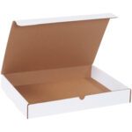 An open, empty white cardboard pizza box, similar to MH-USA 15 1/8 x 11 1/8 x 2 White Literature Mailers (50/Bundle), shows its brown interior against a plain white background.