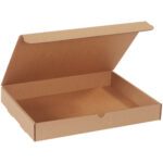An open, empty 15 1/8 x 11 1/8 x 2 Kraft Literature Mailer is shown from a slight angle. The plain brown box resembles a pizza box with a hinged lid, free from branding or markings.