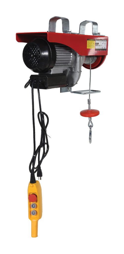 Discover the Vestil Mini Cable Hoist, boasting a 1000 lb capacity and a durable red and silver motor housing. It features a strong steel cable with an orange hook and a yellow controller equipped with intuitive red and white controls for easy operation.