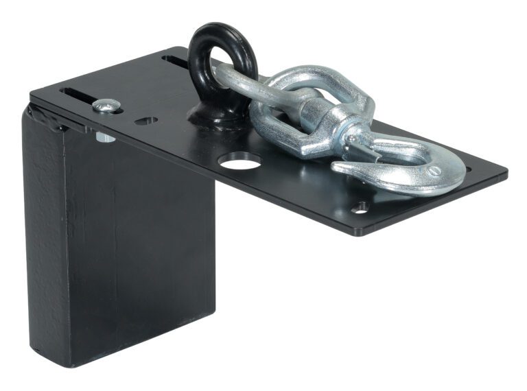The Vestil Swivel Hook Plate for Mini Cable Hoist 440Lb is a sleek black metal bracket with a mounted silver swivel eye snap hook, featuring a rectangular base and two circular openings, securely attached to a black metal eyelet on the bracket.