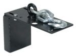 The Vestil Swivel Hook Plate for Mini Cable Hoist 880Lb includes a black metal bracket with a silver swivel clasp and hook. Its rectangular base with multiple holes ensures secure mounting and versatility.