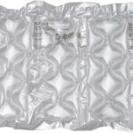 The transparent MH-USA MINI PAKR Large Bubble Quilt, 1 1/4 x 6 x 16 (656/Roll), features shiny, inflated rectangular air pockets with printed text and symbols for optimal cushioning and protection during shipping.