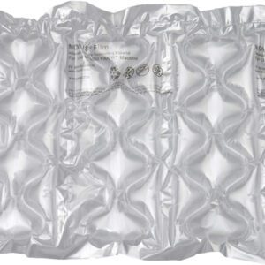 The transparent MH-USA MINI PAKR Large Bubble Quilt, 1 1/4 x 6 x 16 (656/Roll), features shiny, inflated rectangular air pockets with printed text and symbols for optimal cushioning and protection during shipping.