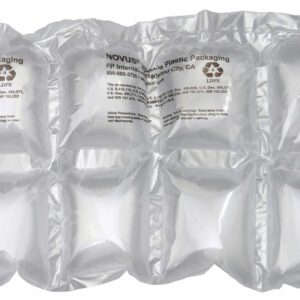 The sheet of 6 x 7 MINI PAKR™ Double Cushion Pillow (656/Roll) air pillows, designed for packaging, features visible seams and recycling symbols on its transparent surface for protection during shipping.