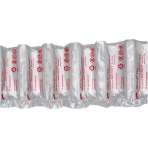 The MH-USA 8 x 4 MINI PAKR Air Pillows come in clear film rows with red text and symbols, expertly designed for shipping protection. They are available as two rolls per case.