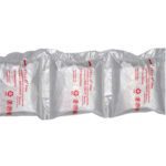 A set of 8 x 8 MINI PAKR™ Air Pillows (2 Rolls/Case) features three connected clear plastic cushions with red printed information and symbols, designed for packaging protection.