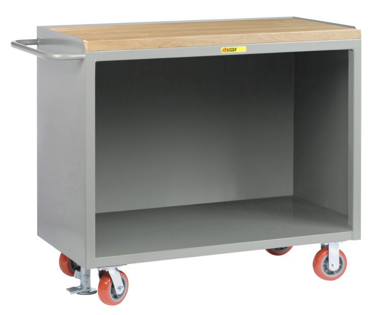 The Little Giant Mobile Bench Cabinets are gray metal utility carts with wooden tops, featuring open storage compartments. They come with a handle and four red swivel casters for easy mobility.