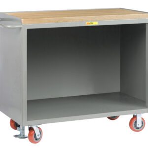 The Little Giant Mobile Bench Cabinets are gray metal utility carts with wooden tops, featuring open storage compartments. They come with a handle and four red swivel casters for easy mobility.