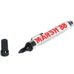 A wide-tip black Marsh® 88 Valve Marker from the Black Marsh® 88 Valve Markers (12/Case) collection lies uncapped on a white surface, ideal for permanent marking.