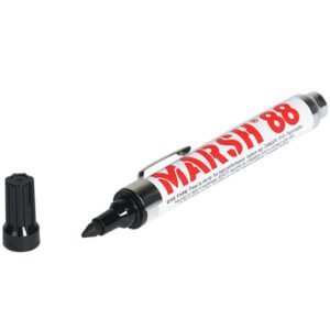 A wide-tip black Marsh® 88 Valve Marker from the Black Marsh® 88 Valve Markers (12/Case) collection lies uncapped on a white surface, ideal for permanent marking.
