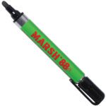 The Black Marsh® 88fx metal paint marker, with its vibrant green body and bold red MARSH 88fx text, features a black cap and precise chisel tip. Available in sets of 12 per case.