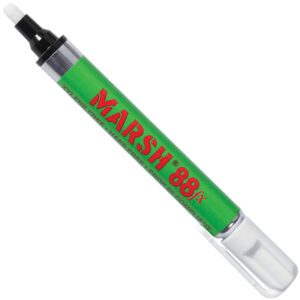 A green marker with a white cap and tip, displaying MARSH and 88fx in red. The White Marsh® 88fx Metal Paint Markers are excellent for precise marking and come in cases of 12.