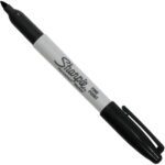 A Black Sharpie® Fine Point Marker, part of the 12/Case collection, is shown with its cap on the opposite end. It features a white body with black text detailing its brand and type.