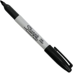 A Black Sharpie® Fine Point Marker, part of the 12/Case collection, is shown with its cap on the opposite end. It features a white body with black text detailing its brand and type.