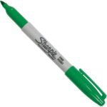 The Green Sharpie® Fine Point Marker, featuring a fine point with a green cap and tip, is part of the 12/Case set. Its white barrel displays the logo and permanent marker text, positioned diagonally on a white background, ready for creativity.