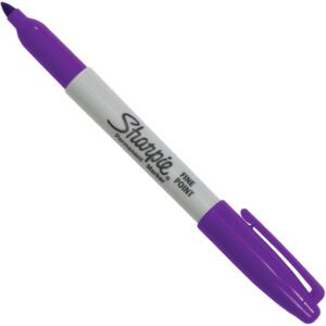 A Purple Sharpie® Fine Point Marker with a white barrel and the Sharpie logo offers a fine tip and permanent marker text. The cap includes a pocket clip for convenience, ideal for mobile use. Sold in cases of 12 to meet all your creative needs.