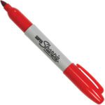 The Red Super Sharpie® Marker has a prominent red cap and thick body, with bold black Super Sharpie labeling. Its detachable cap remains attached for convenience, making these markers ideal for precise writing or drawing. Available in cases of 12.