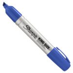 The Blue Sharpie® King Size™ Marker, available in 12 cases, has a chisel tip, cap on one end, and clip on the other. Its metallic body displays the Sharpie King Size label.
