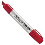A red Sharpie® King Size™ permanent marker with a thick chisel tip. It features a silver barrel with black text, and a red cap with a clip. Ideal for bulk use, these markers come in cases of 12.