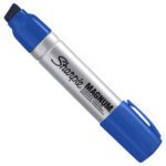 The Blue Sharpie® Magnum™ Markers (12/Case) have a silver body and chisel tip, featuring a blue cap and textured grip for ease of use, making them perfect for bold statements.