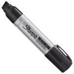 The black Sharpie® Magnum™ marker from the 12/Case set features a thick chisel tip and sleek gray body. Its cap clips to the back for convenience, while brand and product details are printed boldly on its sturdy frame.