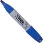 A Blue Sharpie® Chisel Tip Marker from a 12/Case set is pictured with its capped end on the right. The writing shows its ideal for bold, permanent lines. It rests on a white background, ready to inspire creativity.