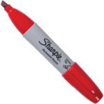 A Red Sharpie® Chisel Tip Marker from the 12/Case set is shown against a white backdrop, with its cap covering one end. Sharpie is boldly printed in black on its sleek gray body.