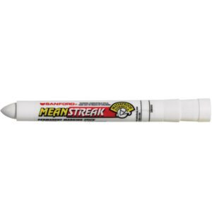 The White Mean Streak® Paint in a Tube marker, featuring a rounded tip and bold red-and-yellow design with branding and logo on its label, is available in cases of 12 for convenience.