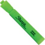 A fluorescent green Sharpie Accent® highlighter with cap lies horizontally, featuring Sharpie Highlighter and Smear Guard in black. Perfect for vibrant marking, these highlighters come in a case of 12, ideal for adding a pop of color.