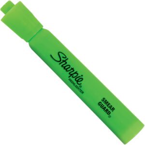 A fluorescent green Sharpie Accent® highlighter with cap lies horizontally, featuring Sharpie Highlighter and Smear Guard in black. Perfect for vibrant marking, these highlighters come in a case of 12, ideal for adding a pop of color.