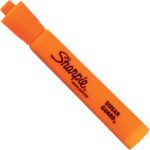 A Fluorescent Orange Sharpie Accent® Highlighter from a 12/case lies uncapped and horizontal, displaying its vibrant hue with Smear Guard text.