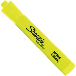 A Fluorescent Yellow Sharpie Accent® Highlighter with a chisel tip is displayed on a white background. The cap is on, featuring Sharpie Highlighter and Smear Guard text. Perfect for office use, they come in cases of 12, ensuring an Accent® Highlighter is always available.