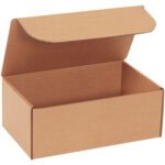 An angled view depicts a plain, open 10 x 6 x 4 Kraft Literature Mailer with a flip-top lid, exposing its corrugated edges. This brown box, part of the 50/Bundle set, is set against a white background.