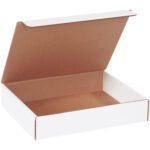 The MH-USA 10 1/4 x 8 1/4 x 2 White Literature Mailers, sold in bundles of 50, are featured with a partially open lid revealing a brown interior, set against a plain backdrop.