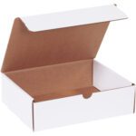 An MH-USA 10 x 8 x 3 white literature mailer from a bundle of 50 sits open, ready for contents.