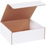 Open MH-USA 11 x 10 x 4 white literature mailer with a brown interior reveals its empty inside. This elegant box is part of a versatile bundle of 50, set against a plain white background.