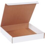 The open, empty box looks like the MH-USA 11 x 11 x 2 White Literature Mailers with a brown interior. The lid is partially open, revealing a simple, flat design typical of pizza packaging against an unobtrusive background.