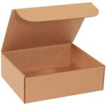 An open, empty plain brown 12 x 10 x 4 Kraft Literature Mailer with a partially raised lid is displayed against a white background. Clean-edged and ideal for storage or packaging. Available in bundles of 50.