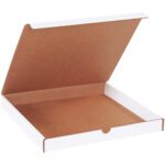 An open, empty pizza box with a brown inside and white outside resembles MH-USA 12 x 12 x 1.25 White Literature Mailers (50/Bundle). Viewed from the front, the lid is partially open, revealing its roomy interior.