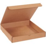 An open, unmarked brown cardboard pizza box with the lid partially raised resembles a 12 x 12 x 2 Kraft Literature Mailer from a bundle of 50, resting on a flat surface.