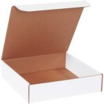 An angled view shows an open MH-USA 12 x 12 x 3 White Literature Mailer with a brown interior, partially revealing its empty inside. This sturdy box is sold in bundles of 50.