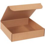 The 12 x 12 x 3 Kraft Literature Mailers (50/Bundle) feature a hinged lid and angled design to display their plain exterior, revealing a spacious interior perfect for organizing essentials.