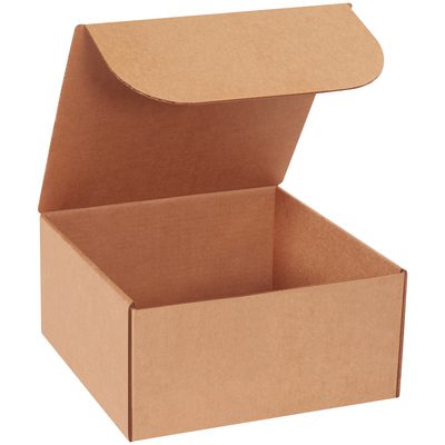 ML12126K.jpg A Kraft Literature Mailer, 12 x 12 x 6, with a hinged lid open, sits on a plain white background, its empty brown cardboard interior ready for contents.