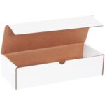 Open white cardboard box with a simple design, revealing the spacious brown interior of the MH-USA 12 1/2 x 5 x 3 White Literature Mailers, ideal for packaging or shipping medium-sized items. Comes in bundles of 50.