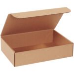 A 12 x 8 x 3 rectangular Kraft Literature Mailer made of brown corrugated material, hinged lid, open and empty, ideal for packaging and shipping, sold in bundles of 50.