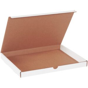 An open, empty pizza box with a white exterior and brown interior, shown from a front angle, partially open like the MH-USA 12 1/8 x 9 1/4 x 1 White Literature Mailers (50/Bundle), known for their sturdy and sleek design.